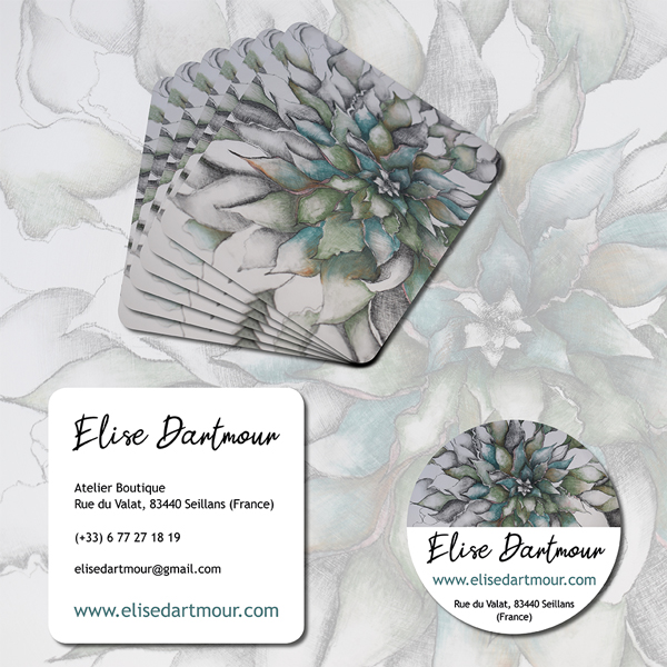 Cartes de visite et stickers pour Elise Dartmour