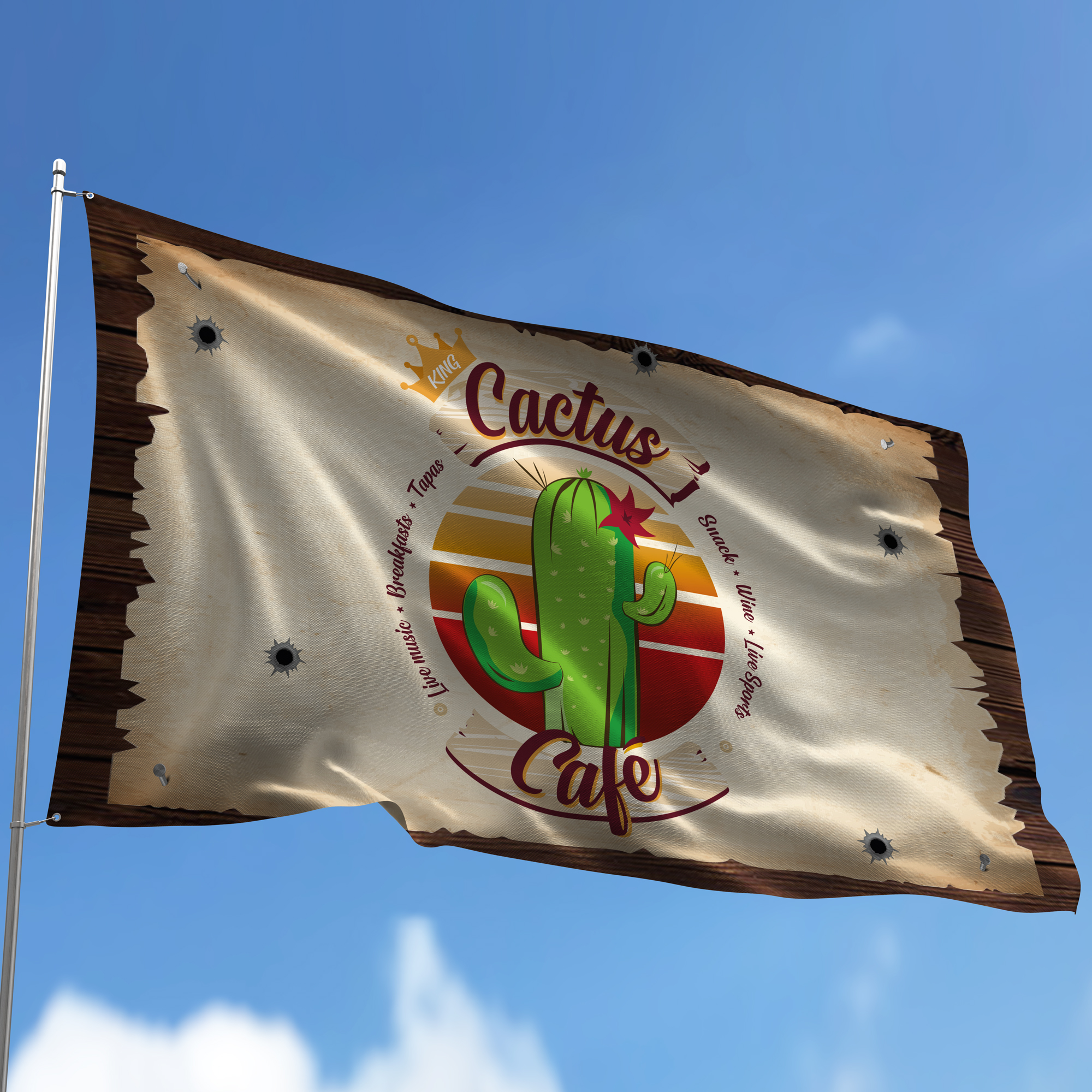 Bâche enseigne, drapeaux et stop trottoirs personnalisés pour King Cactus Café