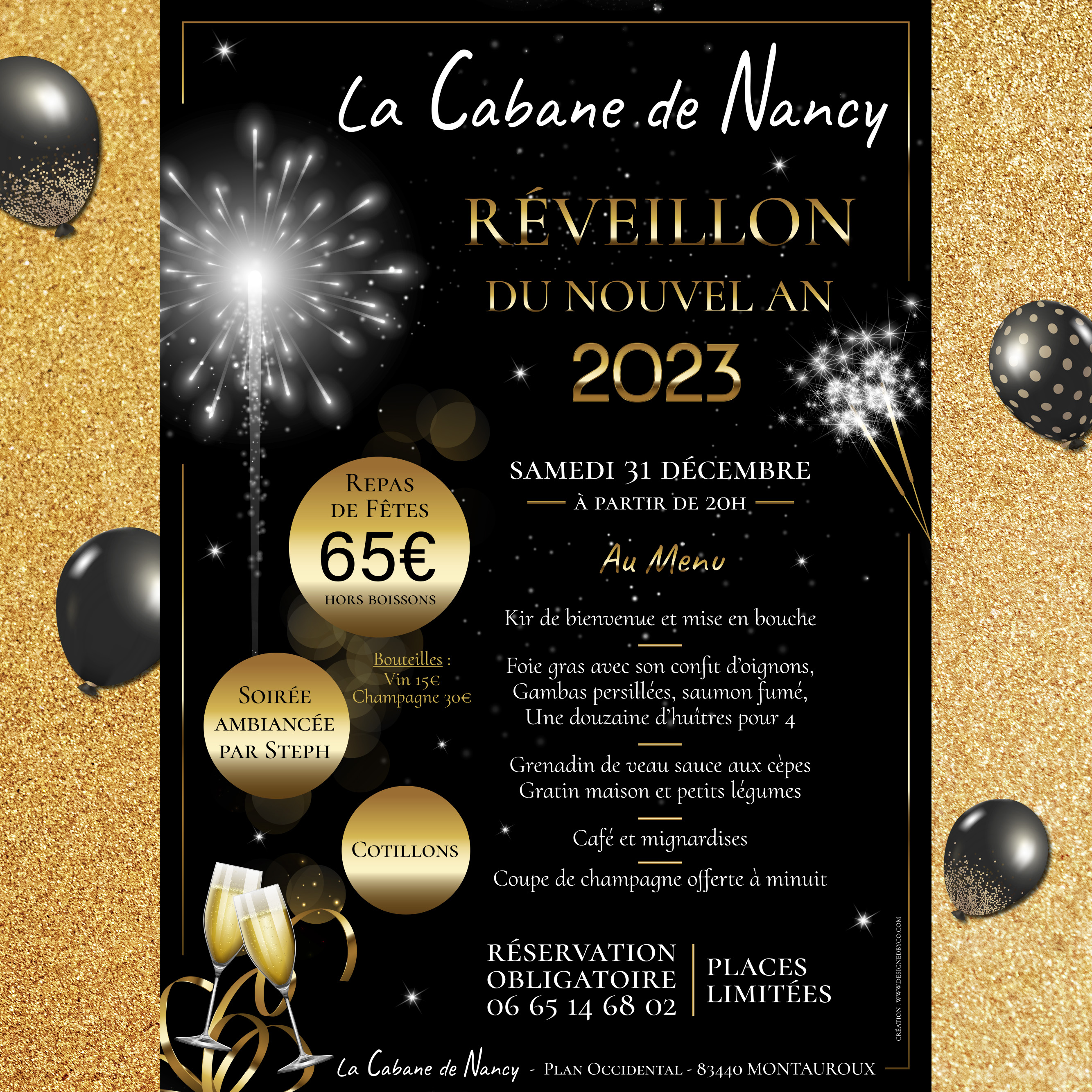 Affiche pour le Réveillon du Jour de l'An 2023 à la Cabane de Nancy