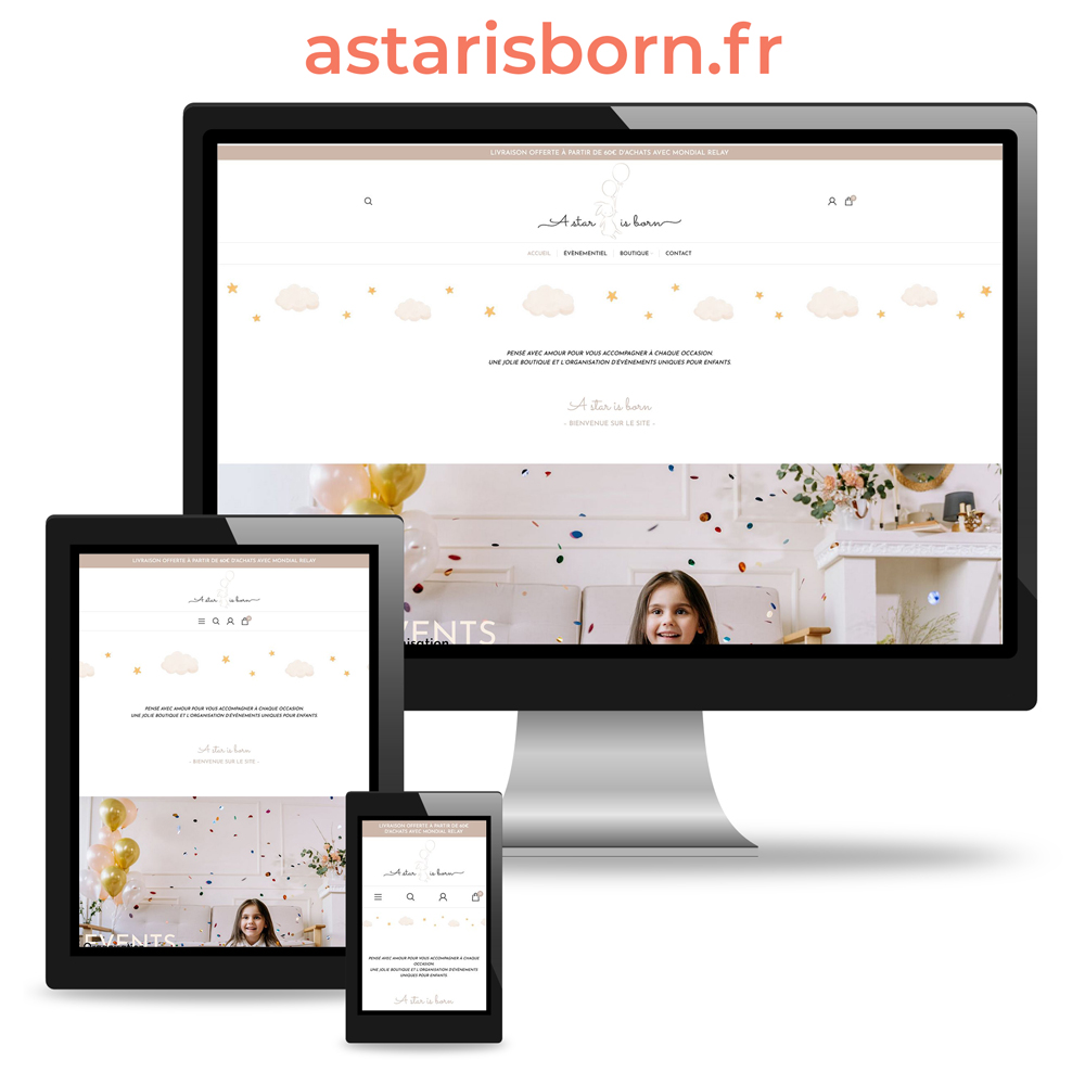 Photo montage mockup avec un écran d'ordinateur, une tablette tactile et un smartphone pour le site internet responsive de A Star is Born : astarisborn.fr