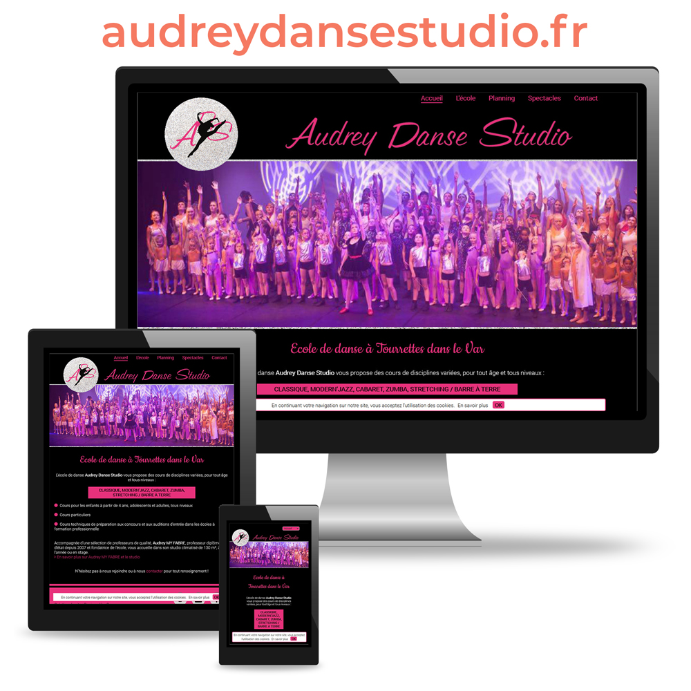 Photo montage mockup avec un écran d'ordinateur, une tablette tactile et un smartphone pour le site internet responsive de Audrey Danse Studio : audreydansestudio.fr