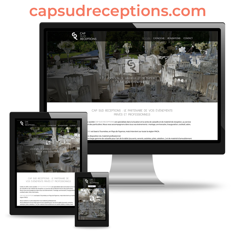 Photo montage mockup avec un écran d'ordinateur, une tablette tactile et un smartphone pour le site internet responsive de Cap Sud Réceptions : capsudreceptions.com