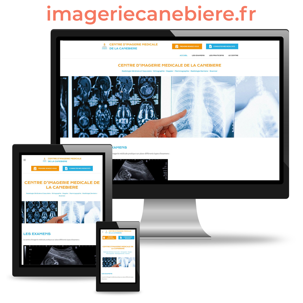 Photo montage mockup avec un écran d'ordinateur, une tablette tactile et un smartphone pour le site responsive internet du Centre d'Imagerie Médicale de la Canebière à Marseille : imageriecanebiere.fr