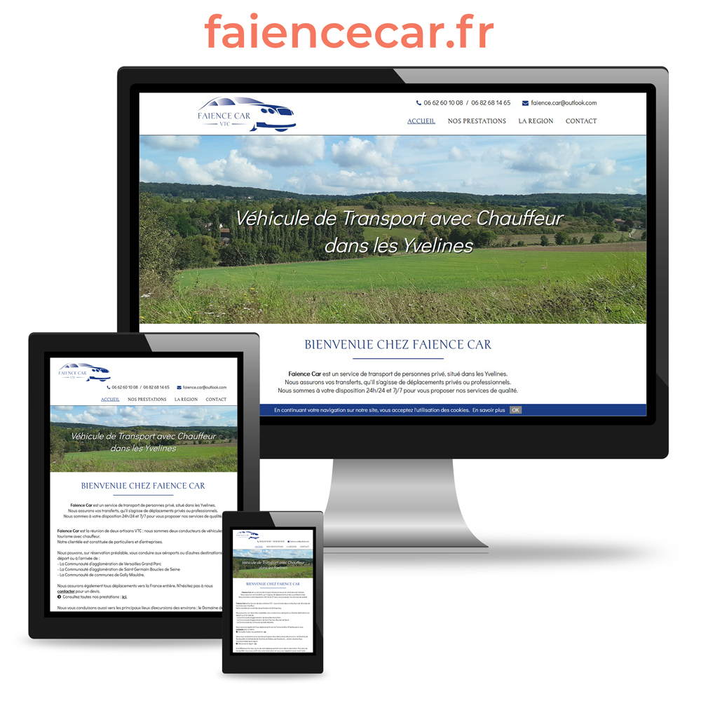 Photo montage mockup avec un écran d'ordinateur, une tablette tactile et un smartphone pour le site internet responsive de Faience Car : faiencecar.fr