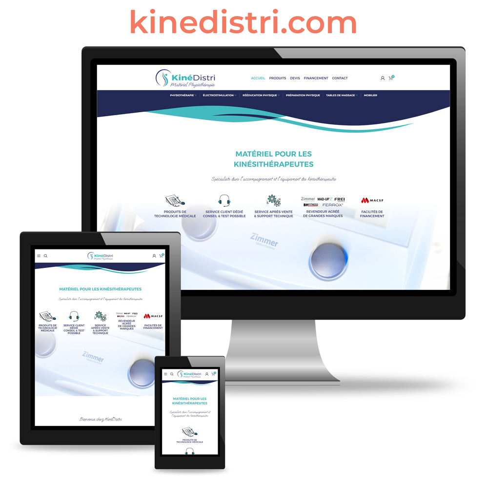 Photo montage mockup avec un écran d'ordinateur, une tablette tactile et un smartphone pour le site internet responsive de KinéDistri : kinedistri.com