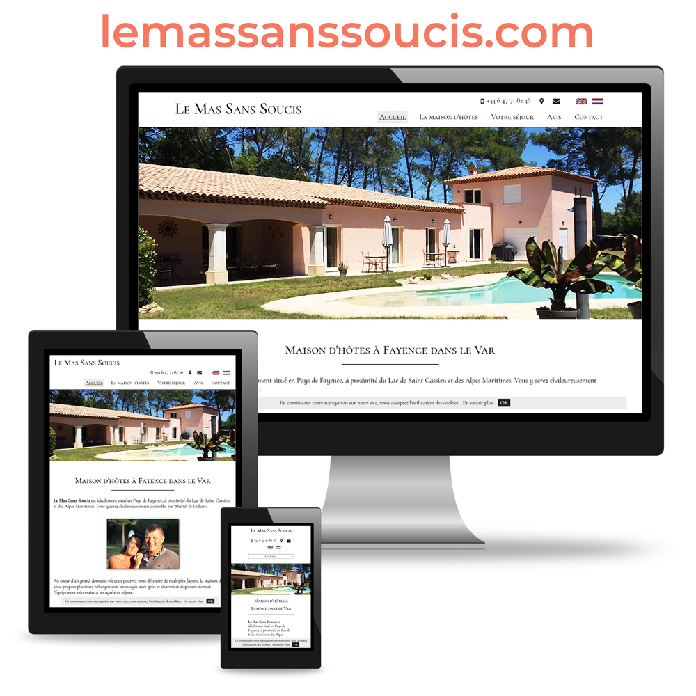 Photo montage mockup avec un écran d'ordinateur, une tablette tactile et un smartphone pour le site internet responsive de Le Mas sans Soucis : lemassanssoucis.com