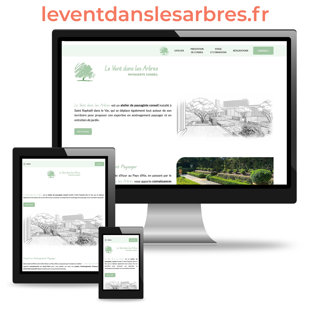 Photo montage mockup avec un écran d'ordinateur, une tablette tactile et un smartphone pour le site internet responsive de Le Vent dans les Arbres : leventdanslesarbres.fr