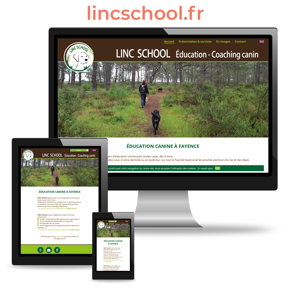 Photo montage mockup avec un écran d'ordinateur, une tablette tactile et un smartphone pour le site internet responsive de Linc School : lincshool.fr