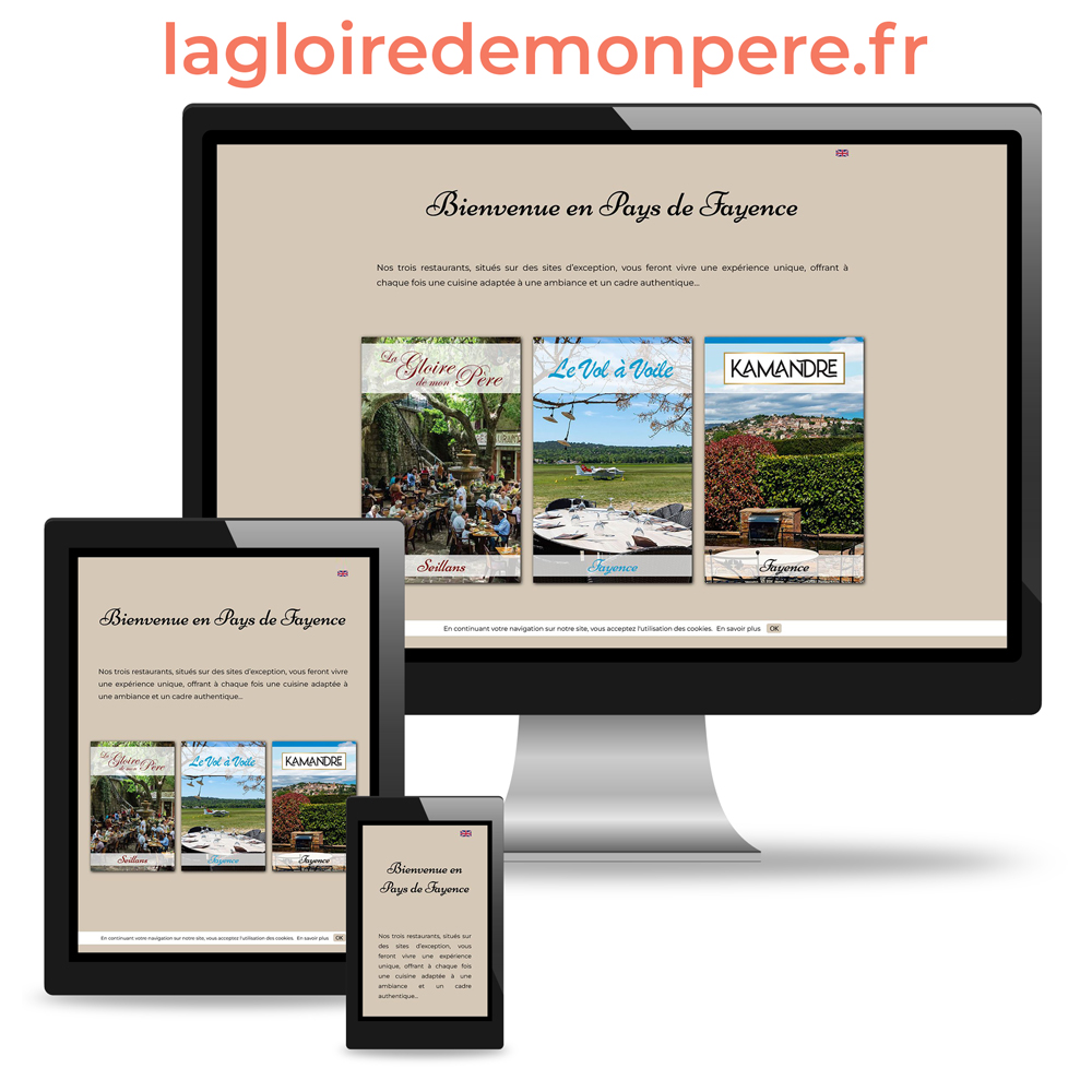 Photo montage mockup avec un écran d'ordinateur, une tablette tactile et un smartphone pour le site internet responsive des restaurants La Gloire de mon Père, Le Vol à Voile et Kamandre : lagloiredemonpere.fr